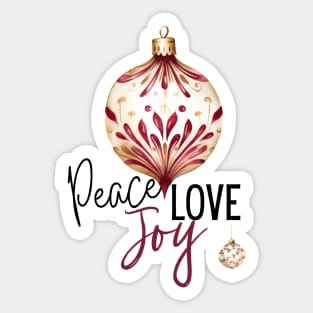 Peace Love and Joy with Maroon and Ivory Holiday Christmas Ornaments and Script Sticker